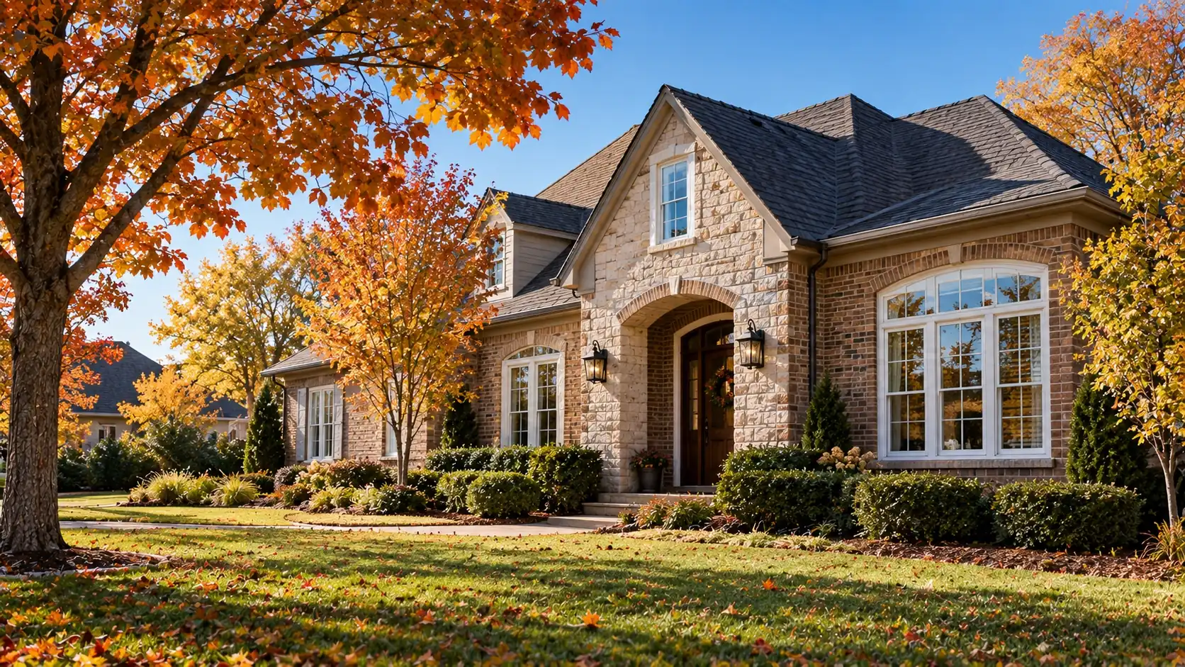Autumn view of a Tulsa, Oklahoma home with new replacement windows on a crisp fall day