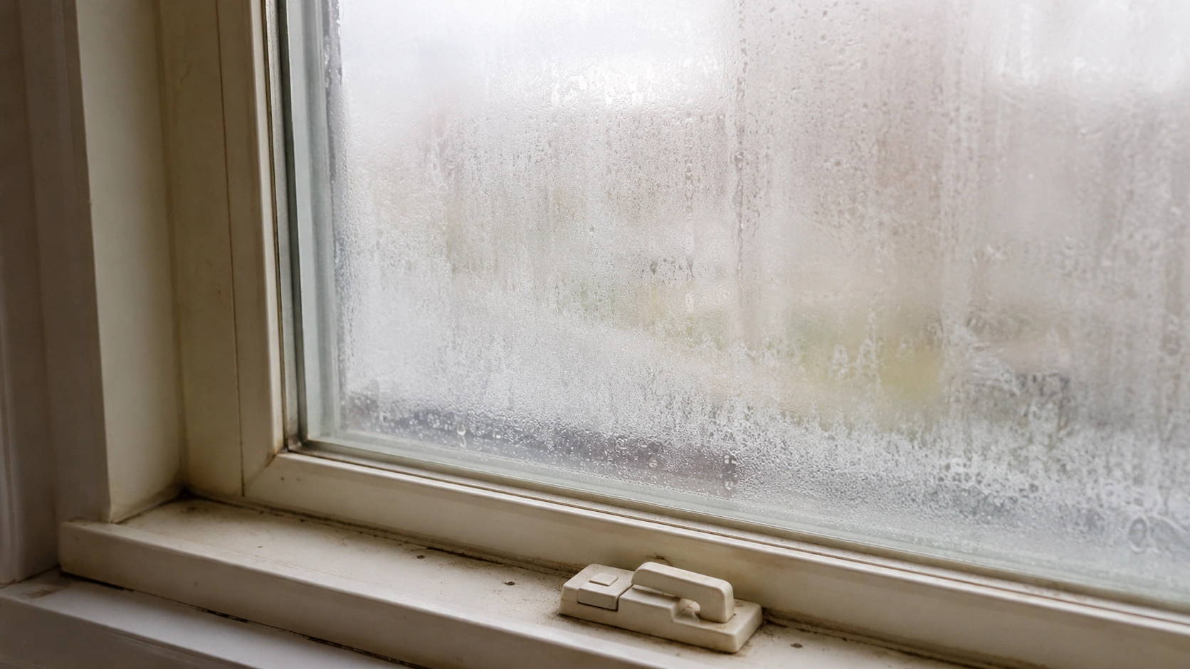 Failed seal and fogged glass on a builder-grade window being replaced in Broken Arrow OK