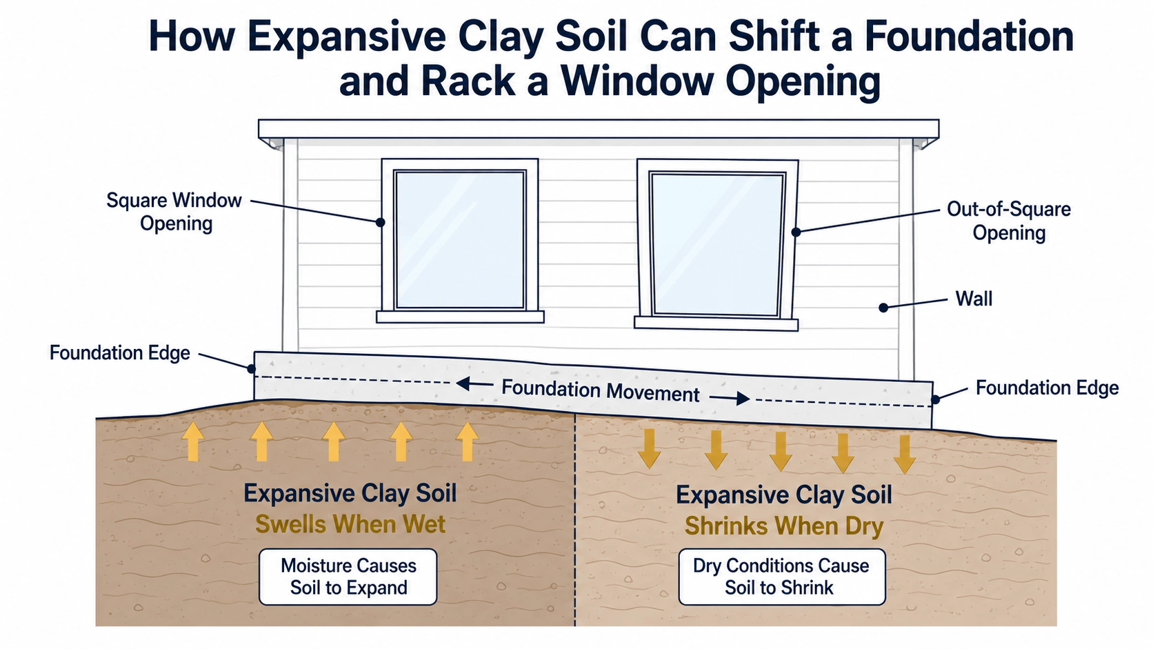 Diagram showing how expansive clay soil shifts a window opening out of square in Broken Arrow