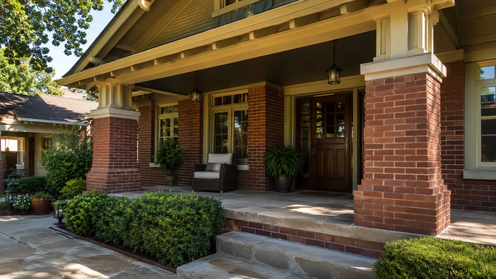 Deep covered porch on a Tulsa-area home showing a shaded protected front door location