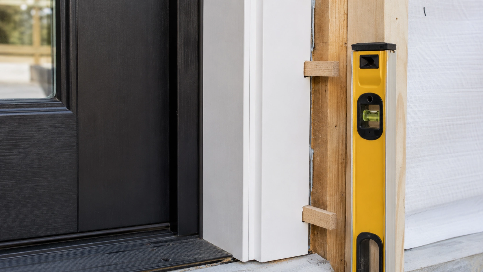 Contractor shimming and leveling a new exterior door plumb in an out-of-square opening