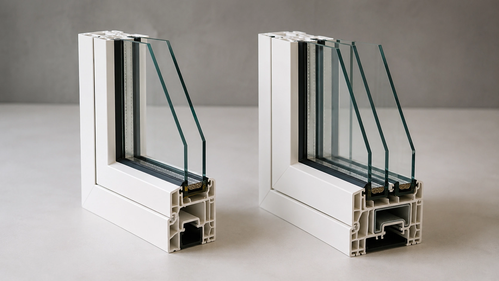 Double-pane versus triple-pane window cross sections side by side