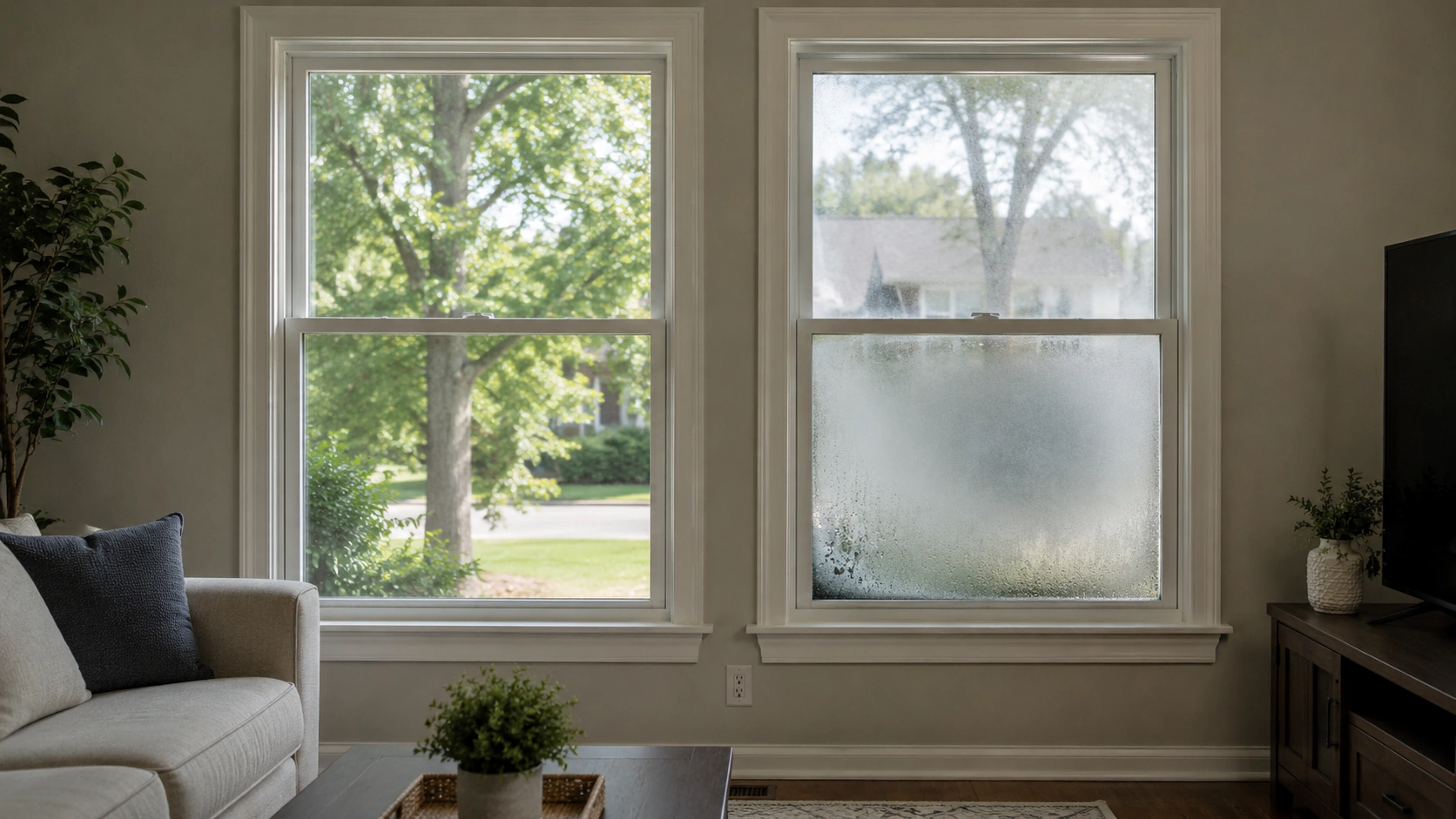 Comparison of intact double-pane window and a failed fogged sealed unit caused by hail damage