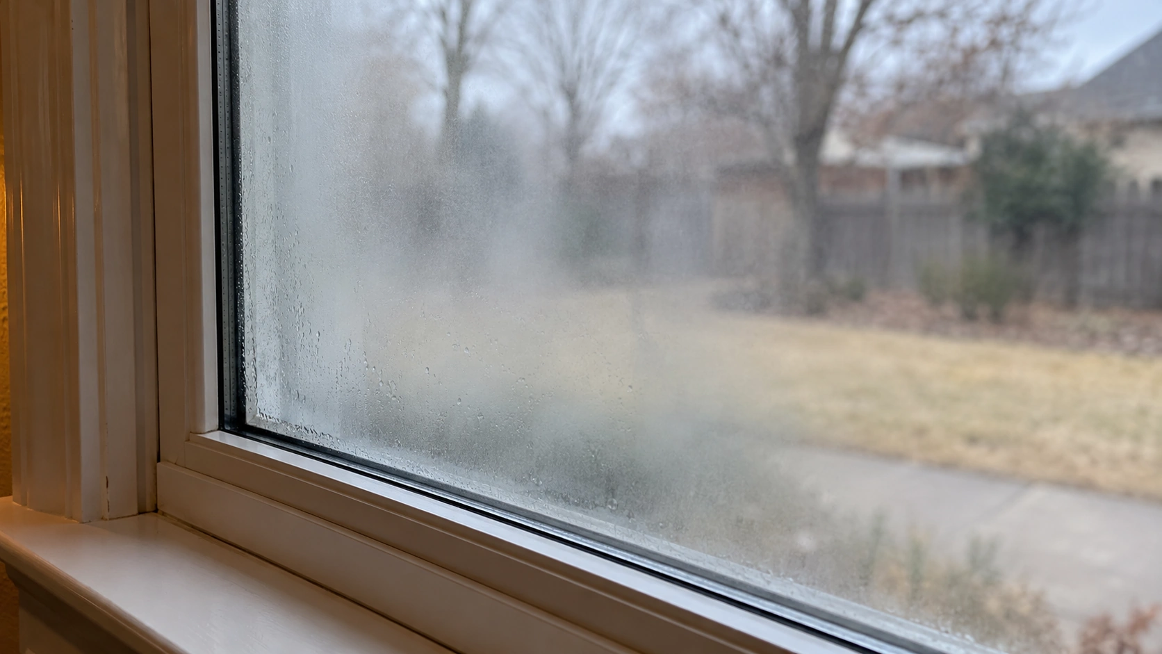 Close-up of fog and moisture trapped between the two panes of a double-pane window
