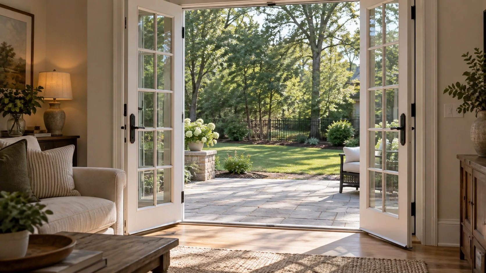 Interior view of French doors open to a backyard patio on an Oklahoma home