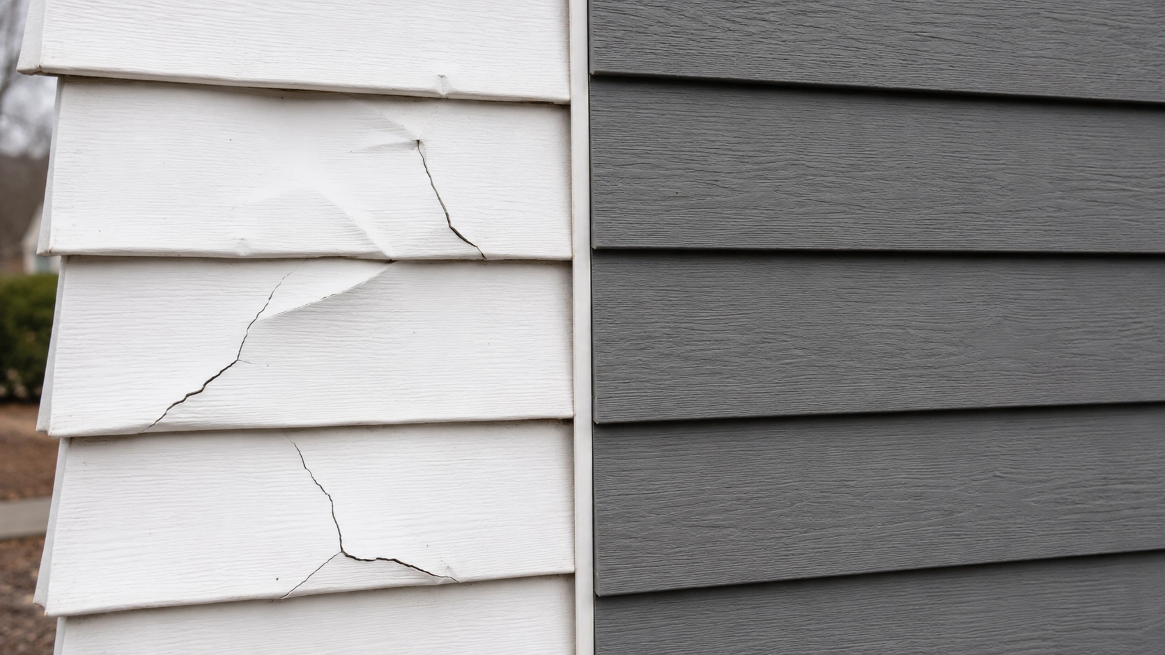 Hail-cracked vinyl panel beside an undamaged fiber cement siding board