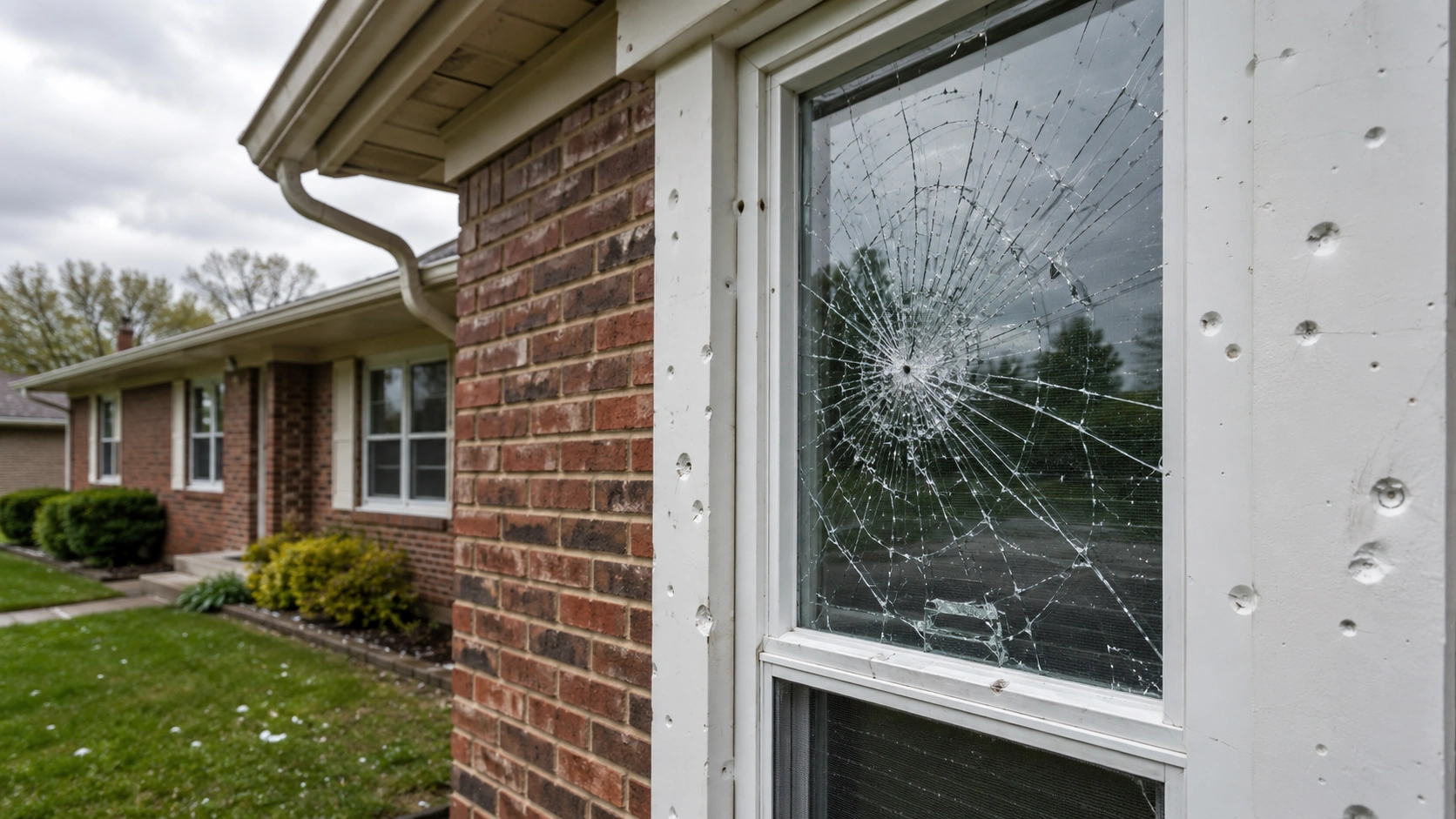 Hail-damaged windows on a Tulsa, Oklahoma ranch home exterior after a spring storm