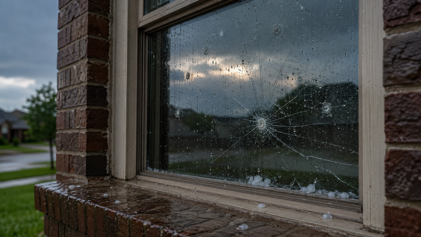 Hail-damaged window on a Broken Arrow home after a spring storm