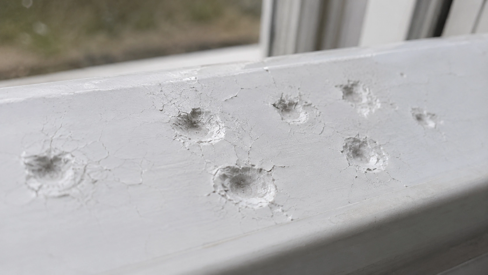 Close-up of hail impact marks on a vinyl window frame sill in Tulsa, Oklahoma