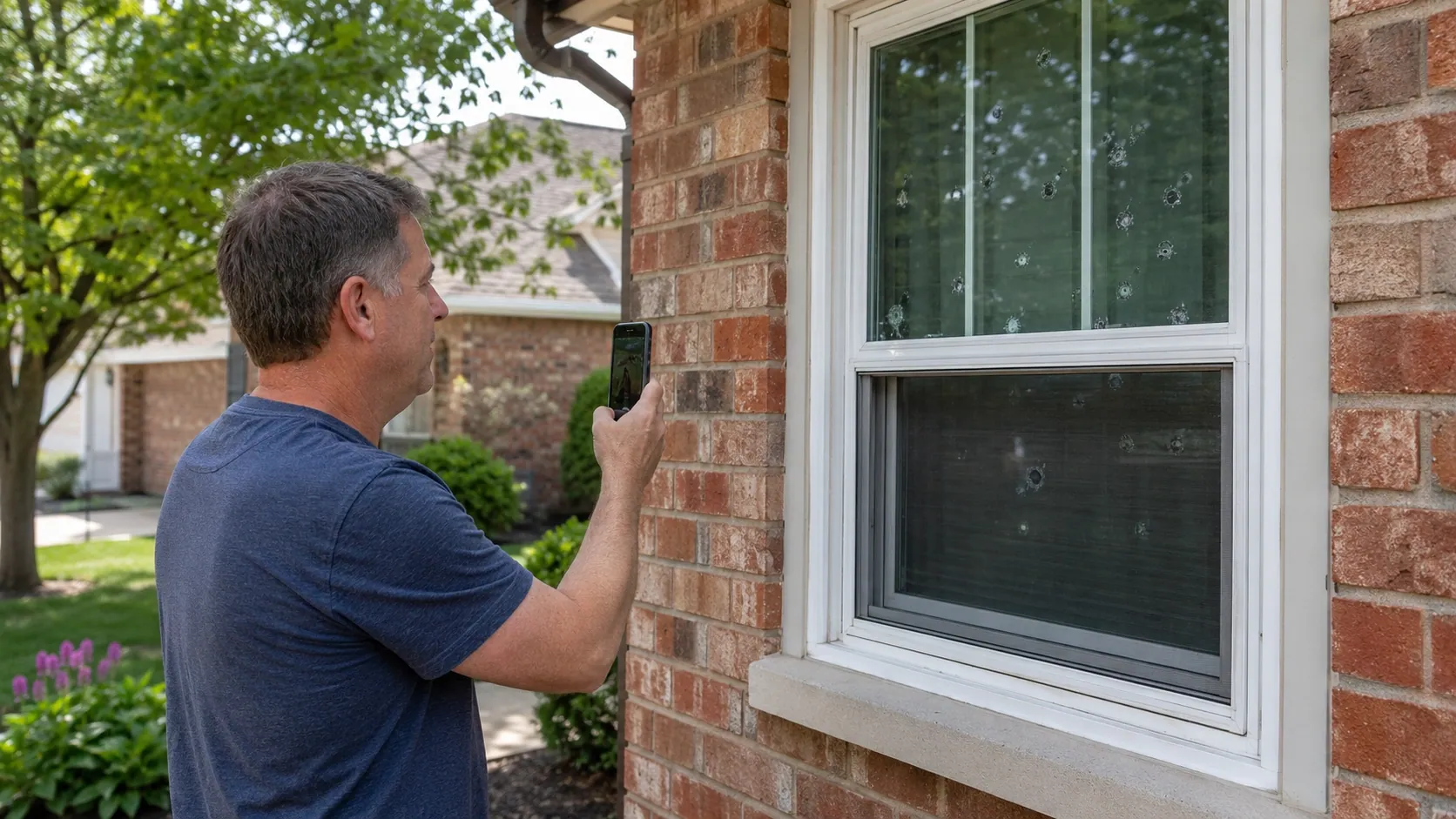 Tulsa homeowner documenting hail damage to windows with a smartphone before filing insurance claim