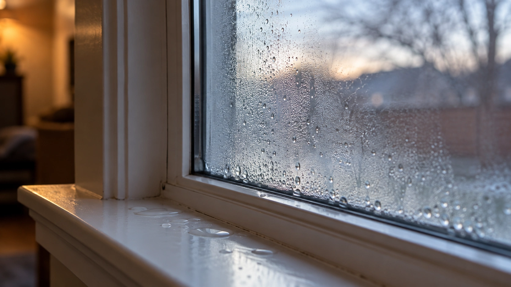 Light condensation on the inside glass of a residential window on a cold fall morning