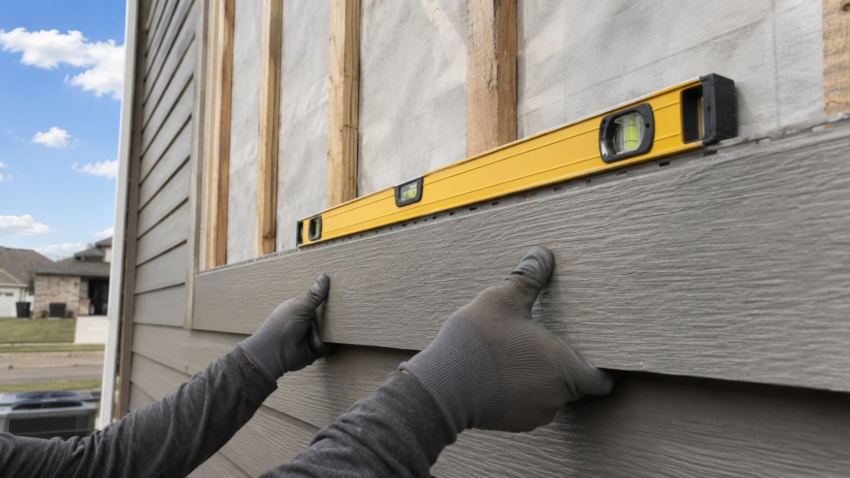 James Hardie fiber cement board fastened and leveled on a Tulsa home wall