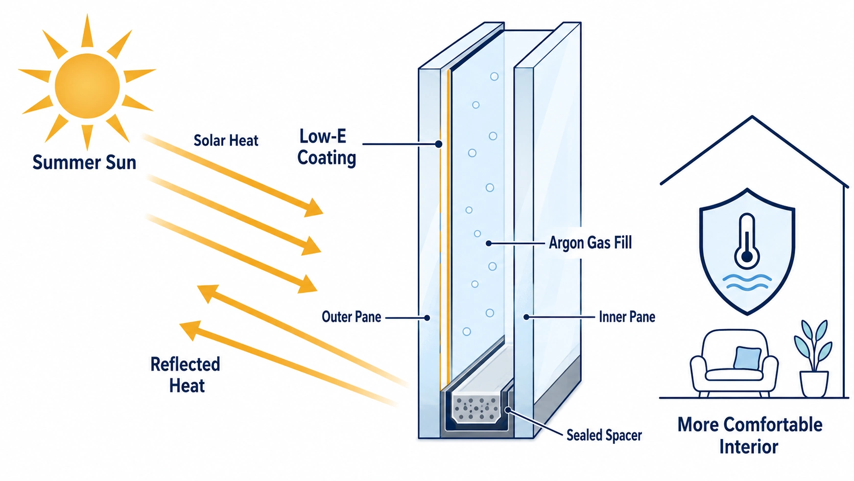 Diagram showing how a Low-E coating and argon gas reflect summer heat away from an Oklahoma window