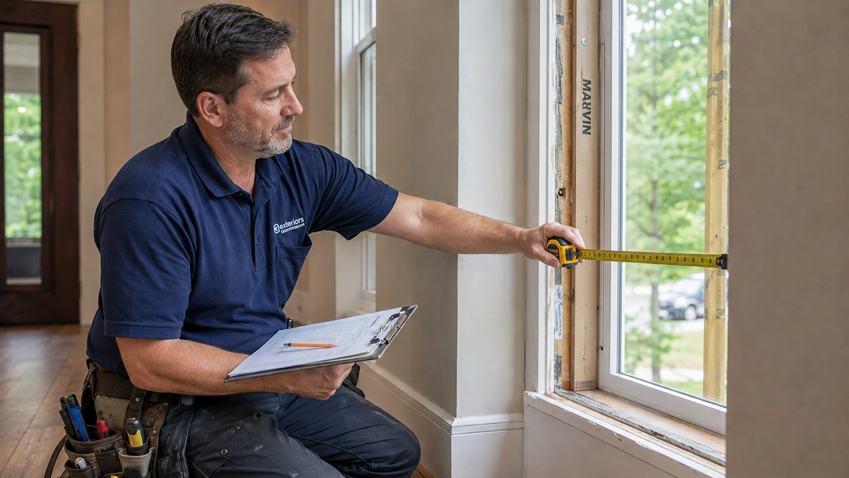 Morgan Windows installer measuring a window opening during a Tulsa home estimate
