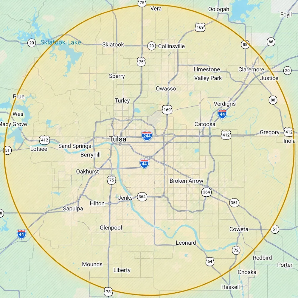 Map of the Morgan Windows service area with a geo circle around the Tulsa metro and Northeastern Oklahoma