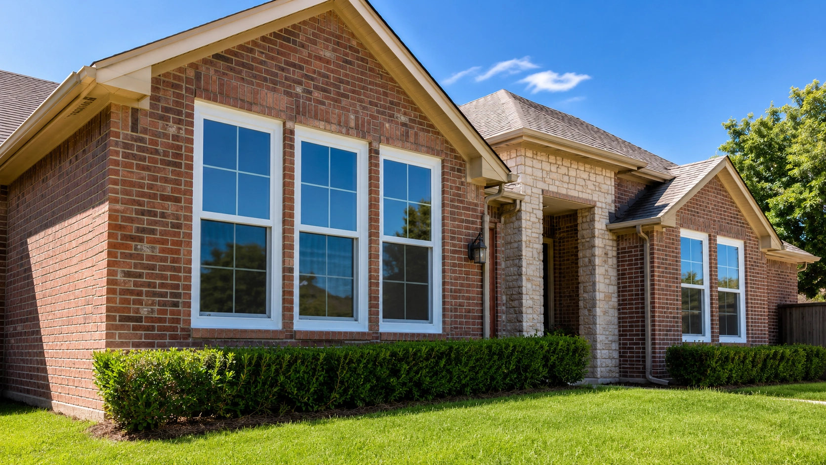Freshly installed vinyl replacement windows on a Broken Arrow home exterior