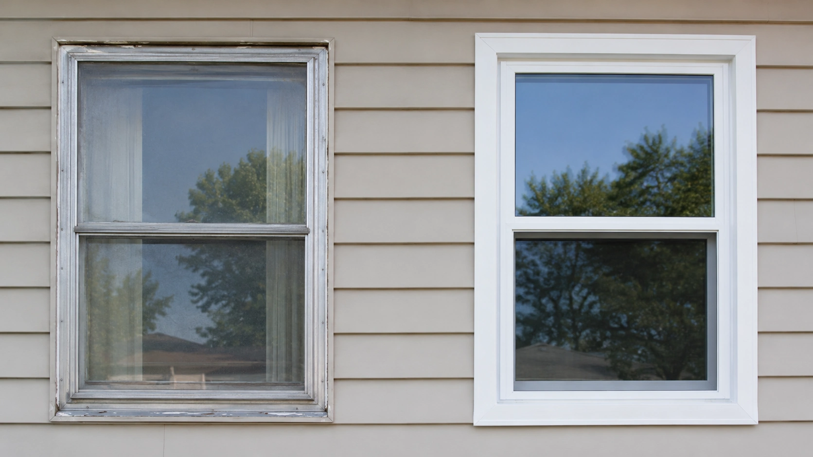Old aluminum window compared to new energy efficient vinyl replacement window in Tulsa, OK