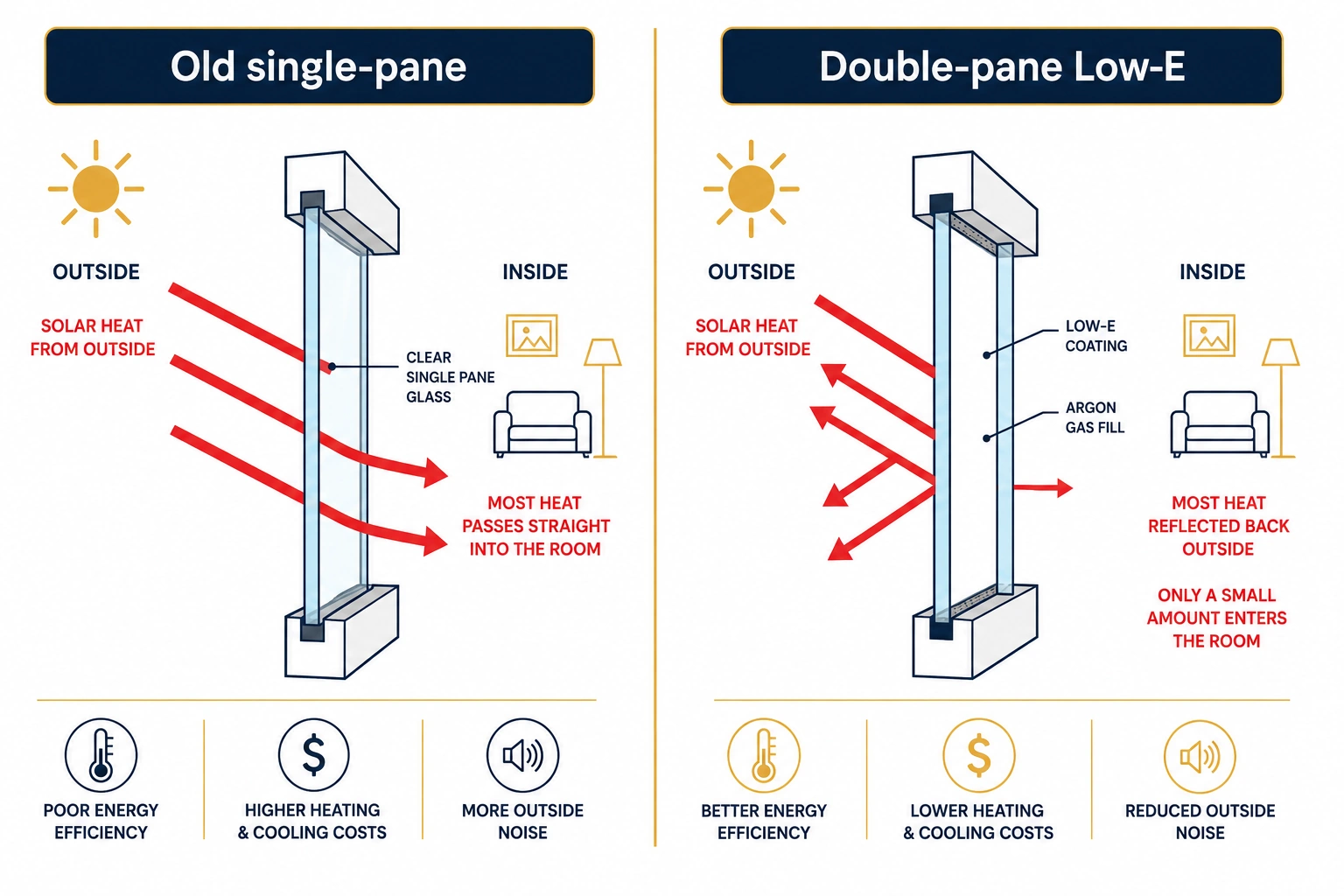 Diagram comparing how an old single-pane window and a modern double-pane Low-E window handle summer heat