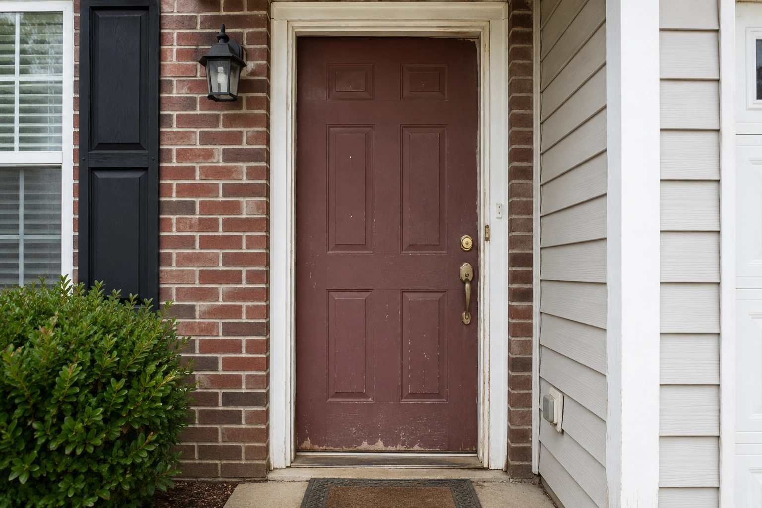 Aging, worn exterior door showing signs it is time for replacement on a Tulsa, Oklahoma home