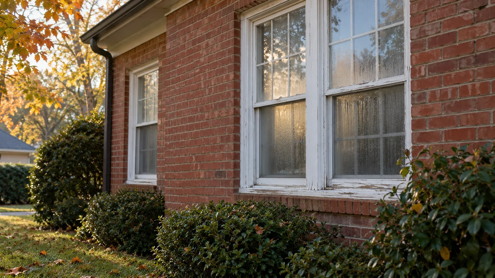Older double-hung windows on a Tulsa, Oklahoma home showing wear and condensation on an early fall morning