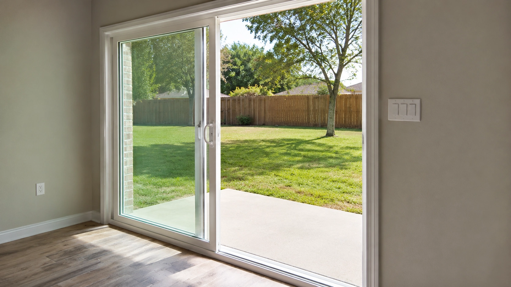 New white vinyl sliding glass patio door open to a backyard on a Tulsa, Oklahoma home