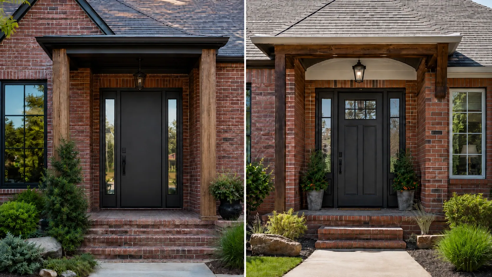 Steel entry door and fiberglass entry door compared side by side on Tulsa-area homes