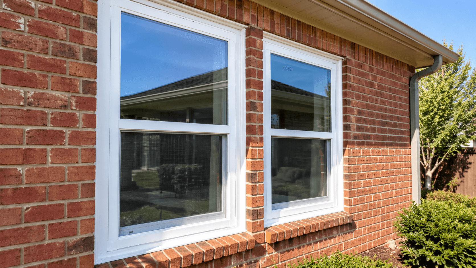 White vinyl double hung windows installed on a Tulsa brick home by Morgan Windows