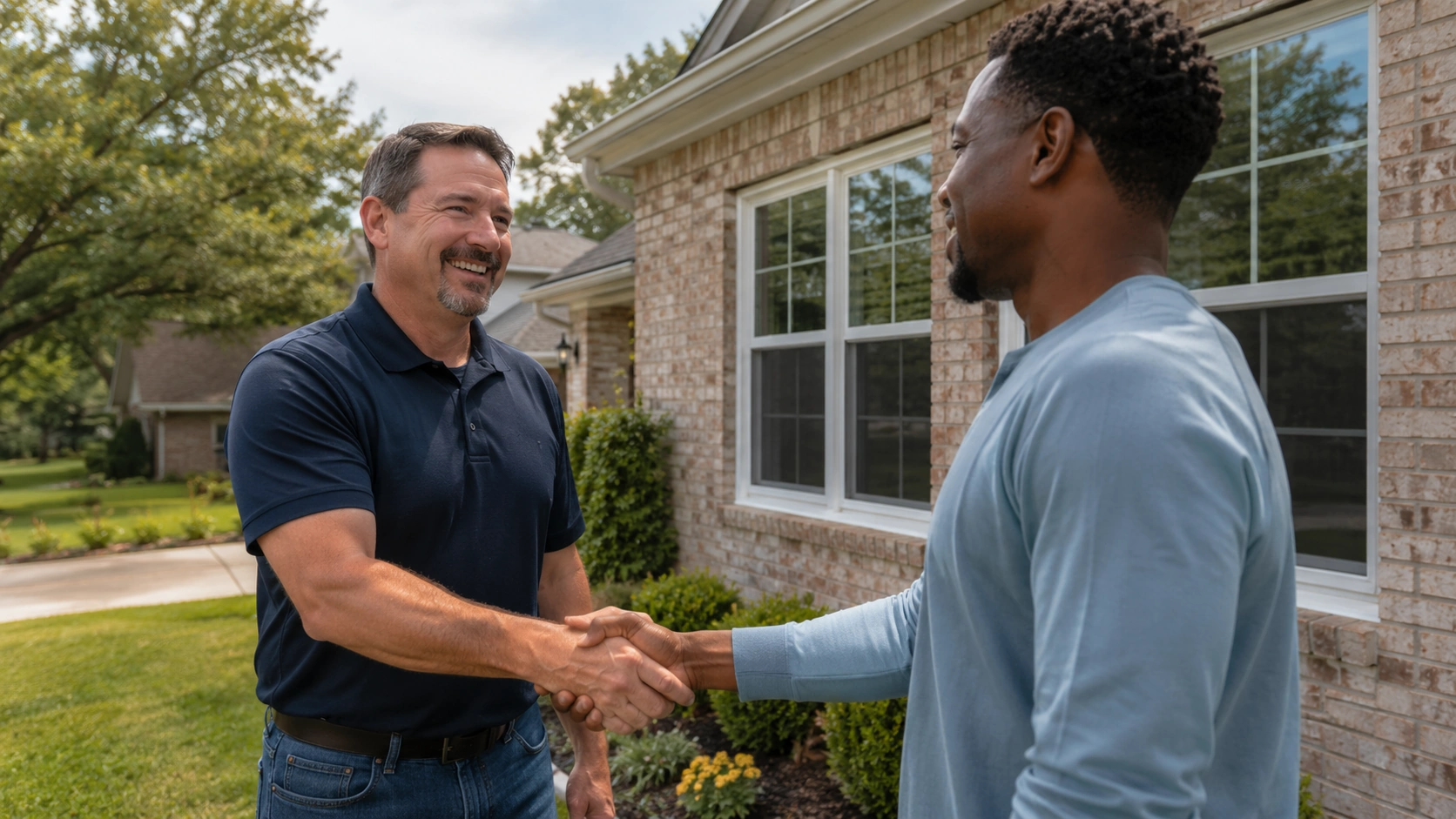 A Tulsa homeowner shaking hands with the Morgan Windows team after a window installation