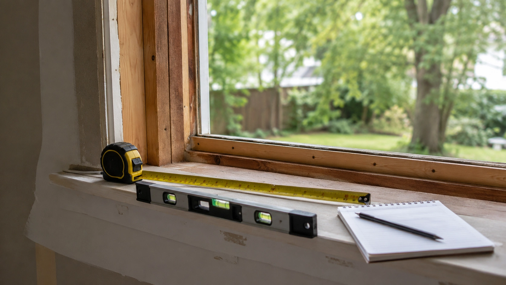 Tape measure and level resting on a new window opening during a free estimate in Broken Arrow, Oklahoma