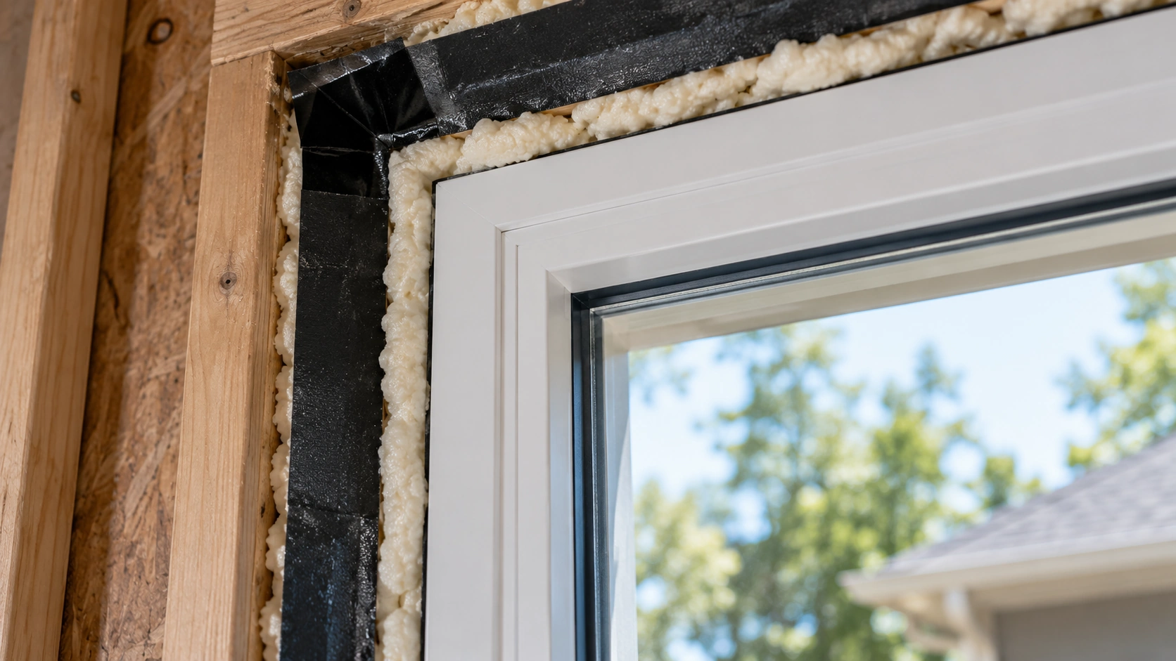 Insulation and flashing detail around a newly set replacement window before trim goes on
