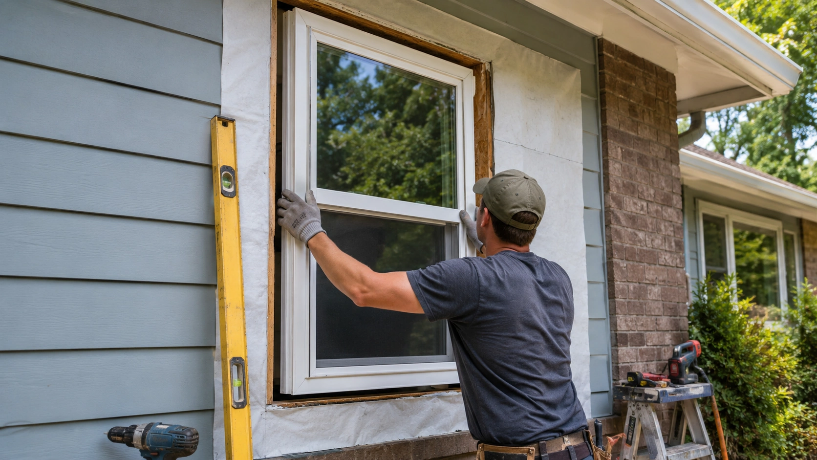 Morgan Windows installer fitting a new vinyl window on a Tulsa home