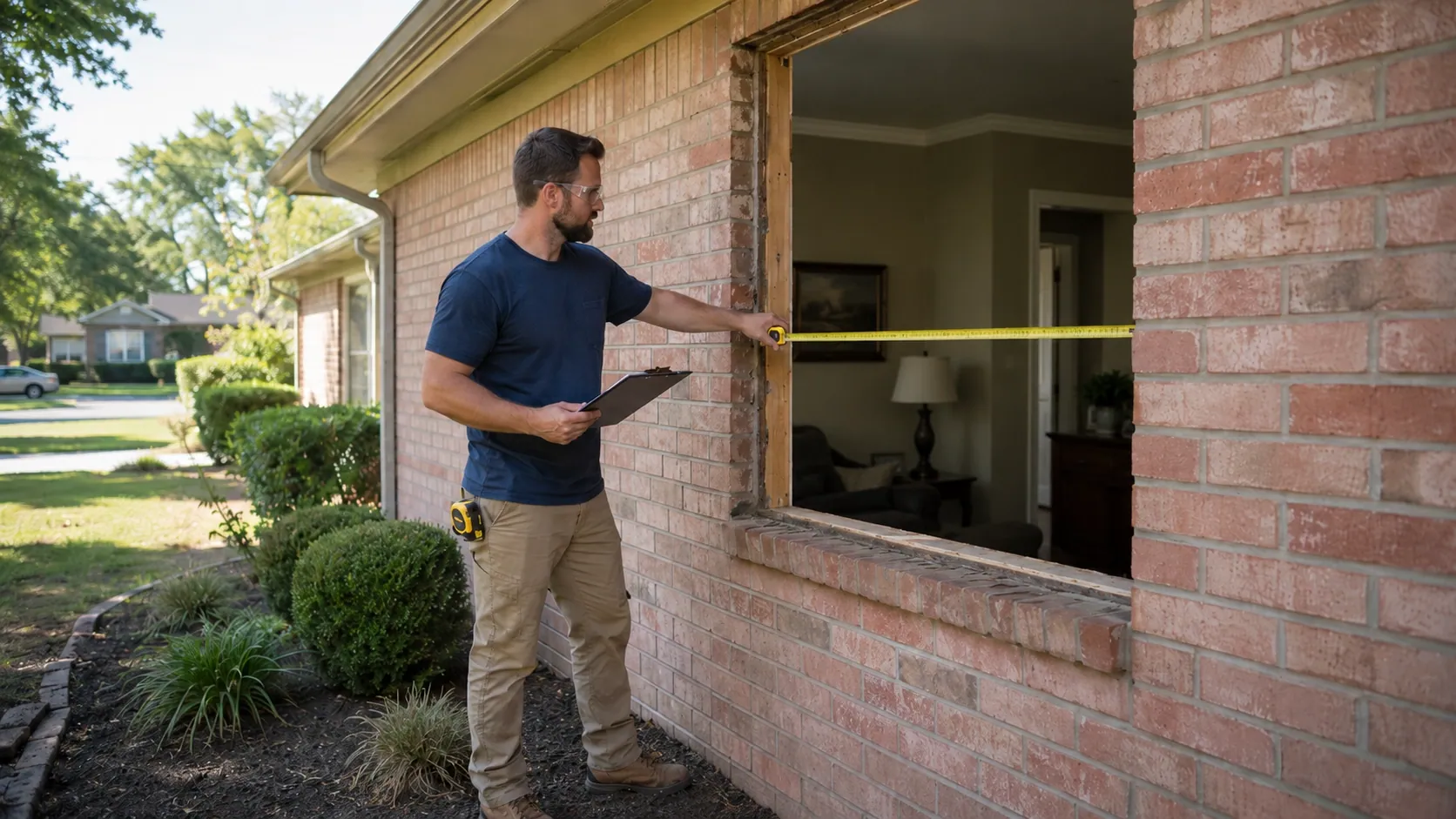 Morgan Windows installer measuring a window opening for replacement on a Tulsa Oklahoma home