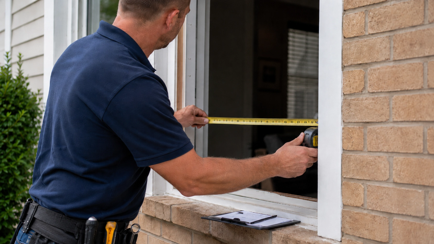 Morgan Windows installer measuring a window opening for a free replacement estimate in Tulsa Oklahoma