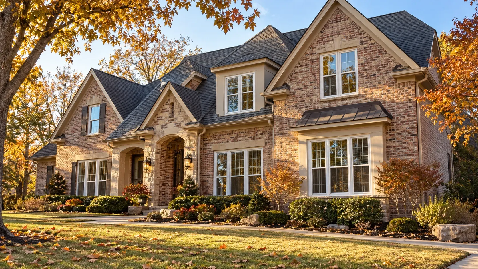 Tulsa home with new white vinyl replacement windows in warm autumn afternoon light