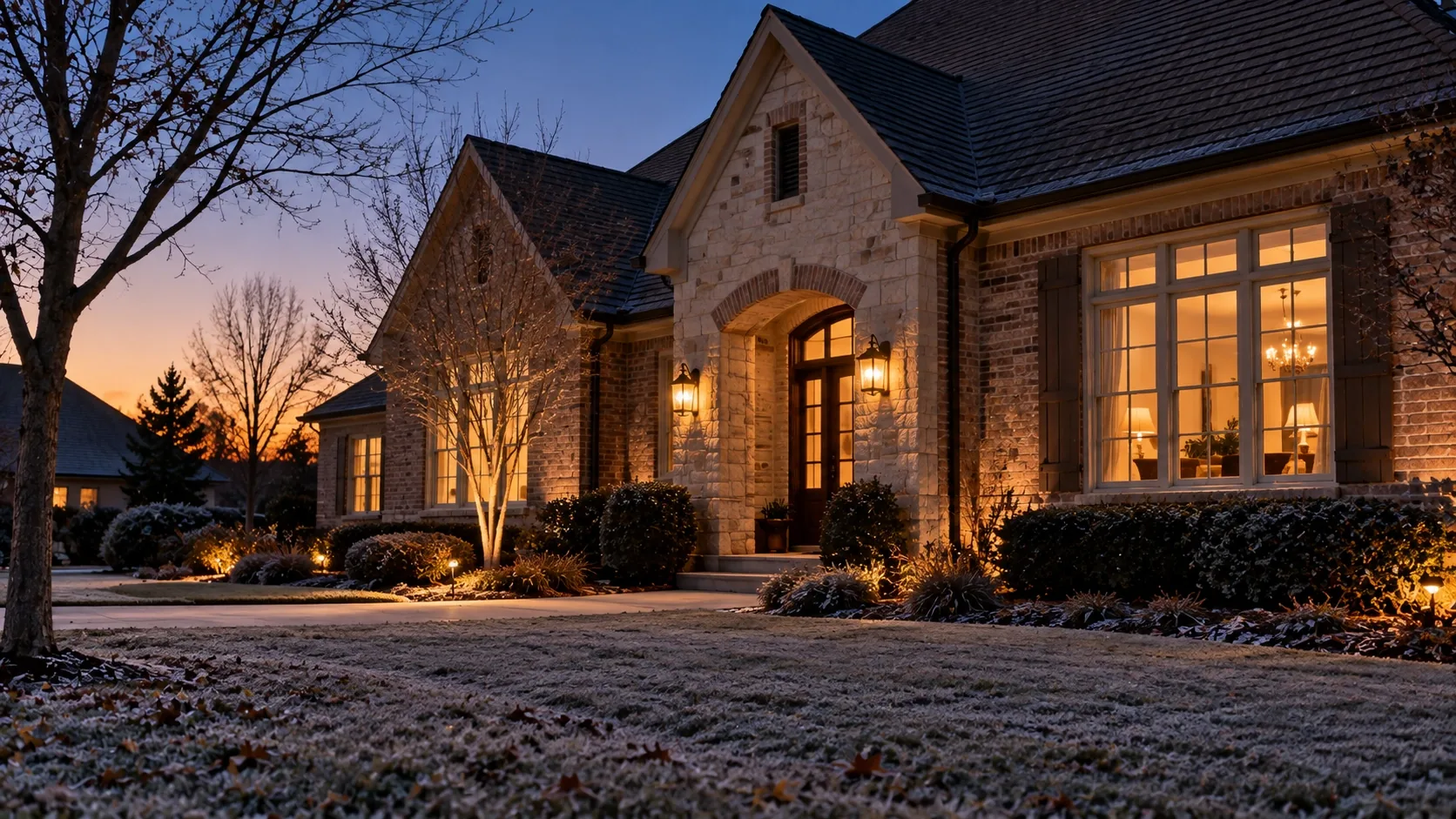 Tulsa home with warm interior light on a frosty winter morning, windows and doors sealed for cold weather